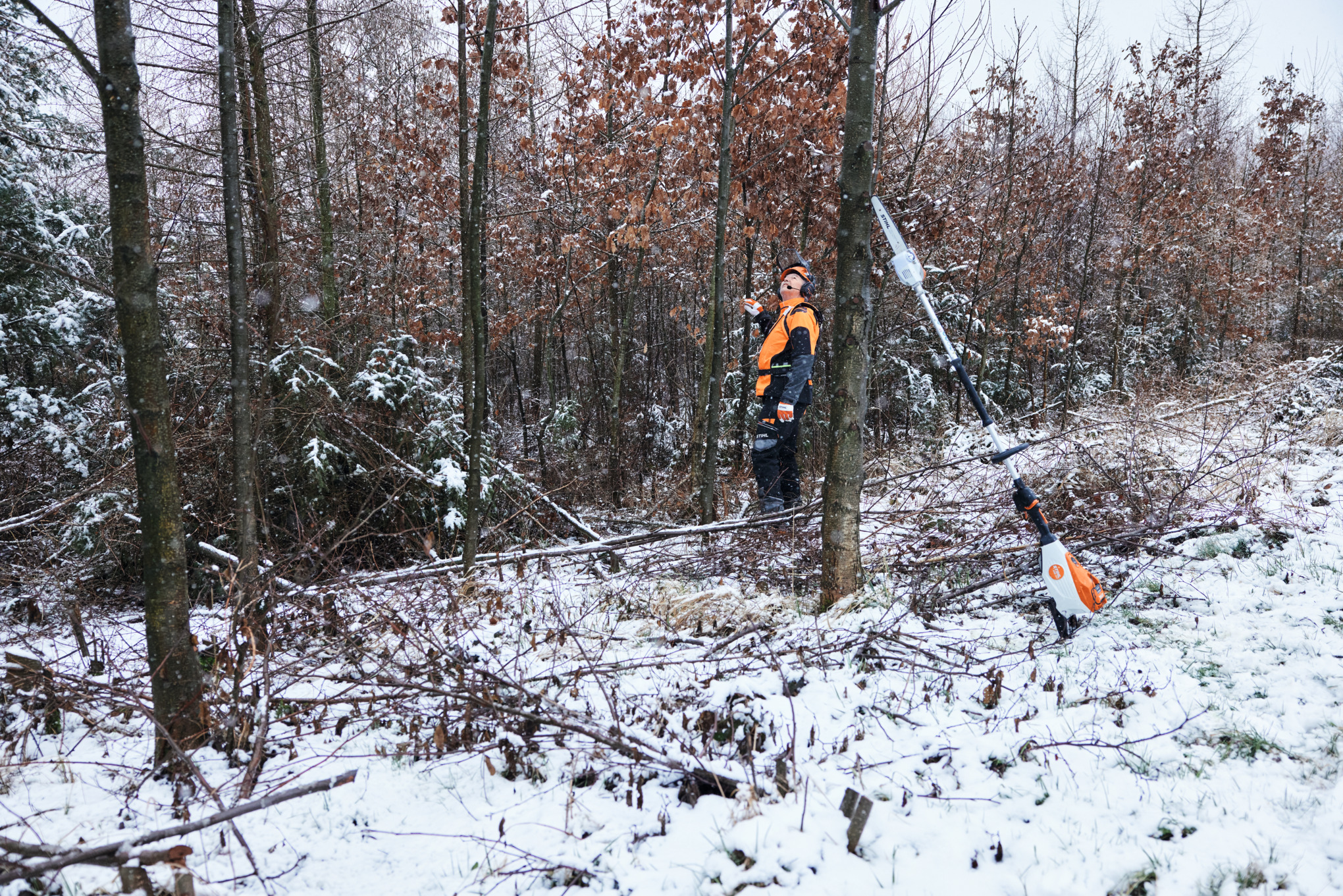 Suojavarusteisiin pukeutunut mies työskentelemässä lumisessa metsässä, etualalla puunrunkoa vasten akkukäyttöinen STIHL HTA 150 -oksasaha