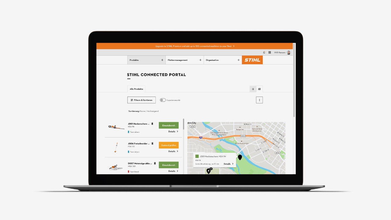 STIHL connected -portaalin tuoteyhteenveto ja kartta