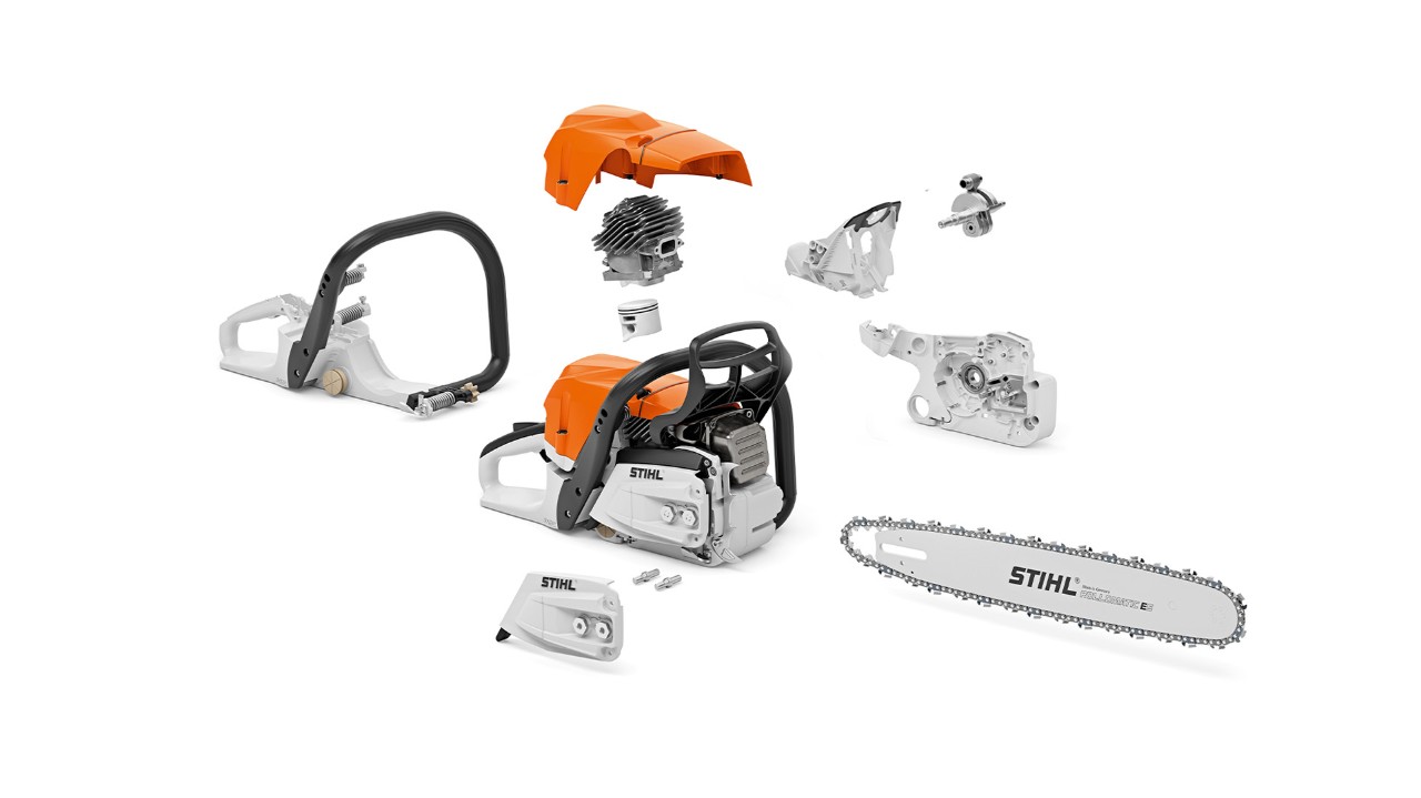 Räjäytyskuva magnesiummännällä varustetusta polttomoottorikäyttöisestä STIHL MS 400 C-M -moottorisahasta