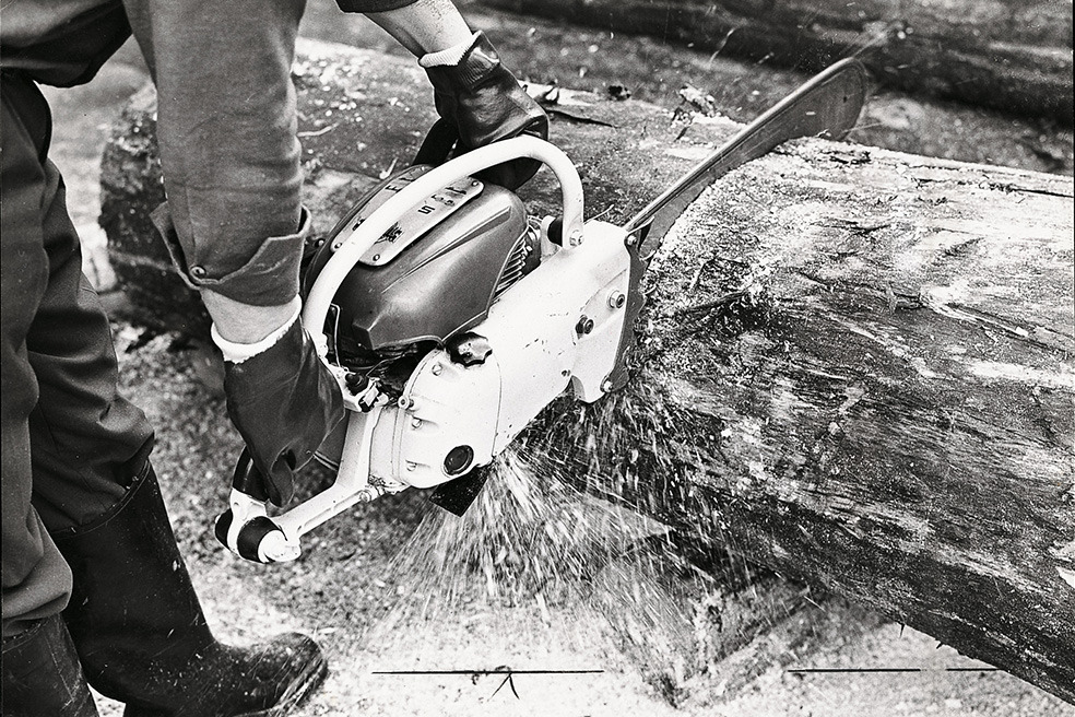 Vanha mustavalkoinen kuva puun kaatamisesta STIHL Contra -moottorisahalla 