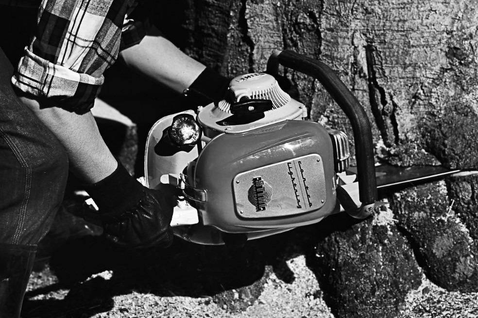 Vanha mustavalkoinen lähikuva puun kaatamisesta STIHL Contra -moottorisahalla