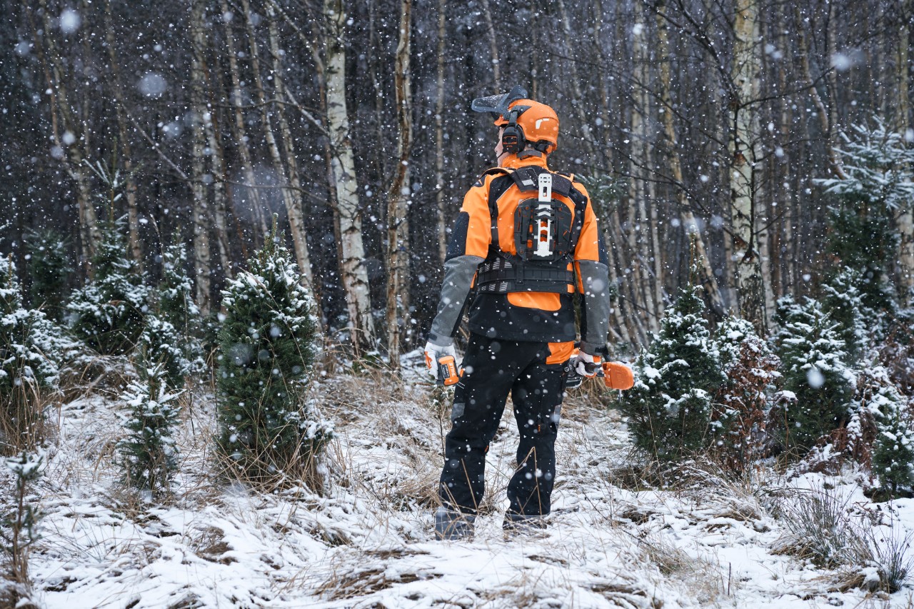 Takanäkymä lumisessa metsässä olevasta metsätyöntekijästä, jolla on STIHL-suojavarusteet, modulaarinen valjasjärjestelmä ja akkutyökaluja nuoren metsikön hoitoon