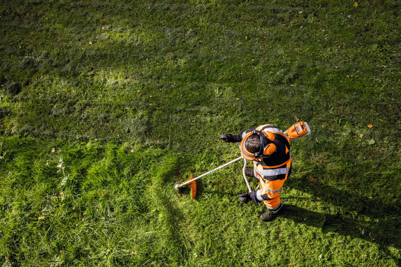 Puutarhuri ja maisemoija oransseissa työvaatteissa leikkaamassa korkeaa ruohoa akkutoimisella STIHL FSA 135 -raivaussahalla