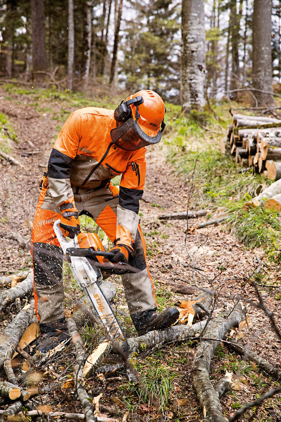Mies sahaamassa STIHL-moottorisahalla kuulonsuojaimet ja kypärä päässä