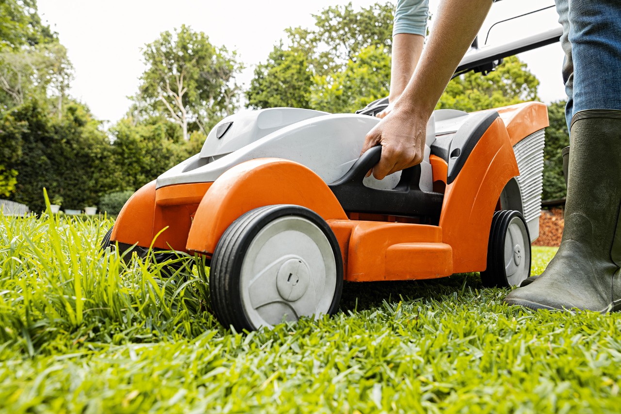  Nainen säätää akkukäyttöisen STIHL-ruohonleikkurin RMA 339 C leikkuukorkeutta