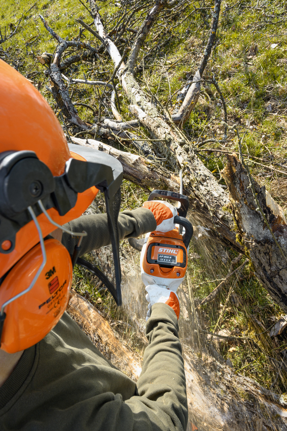Akkukäyttöisen STIHL MSA 220 C-B -moottorisahan käyttö oksien leikkaamiseen puunrungosta