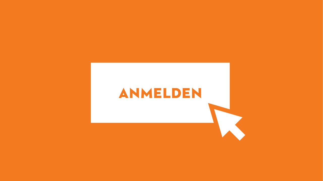 Weißer Button mit Aufschrift Anmelden und weißer Pfeil auf orangefarbenem Grund